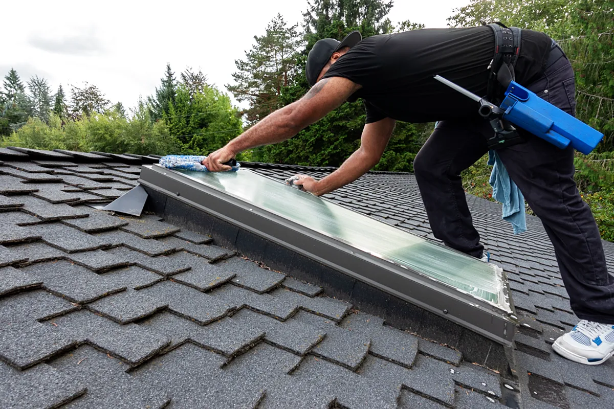 Ben working a pole across a skylight on a shingle roof